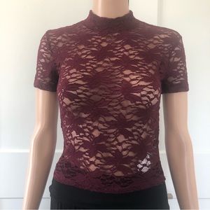 Forever21 F21 Purple Mock Neck Lace Short Sleeves Top Stretch Blouse Small XS